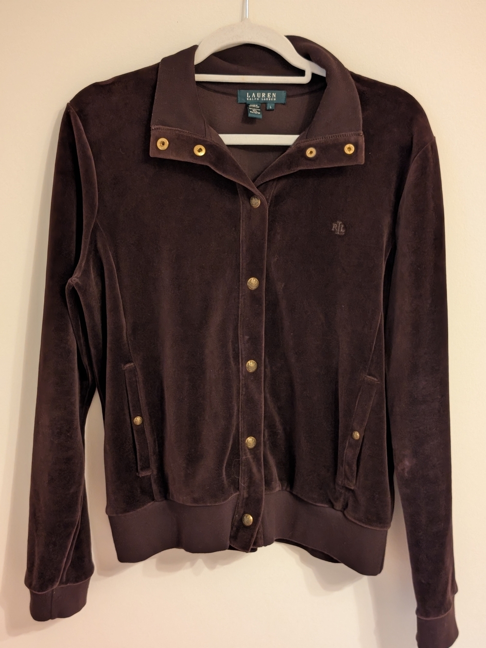 Ralph Lauren Brown Velour Snap-Front Varsity Jacket